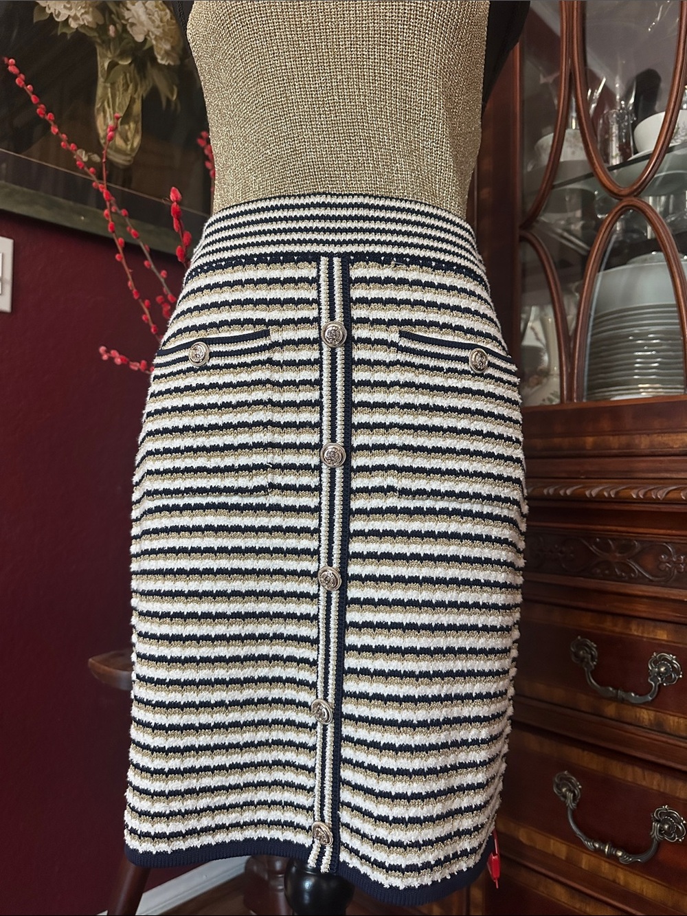Elie Tahari Navy and Cream Striped Tweed Pencil Skirt with Buttons